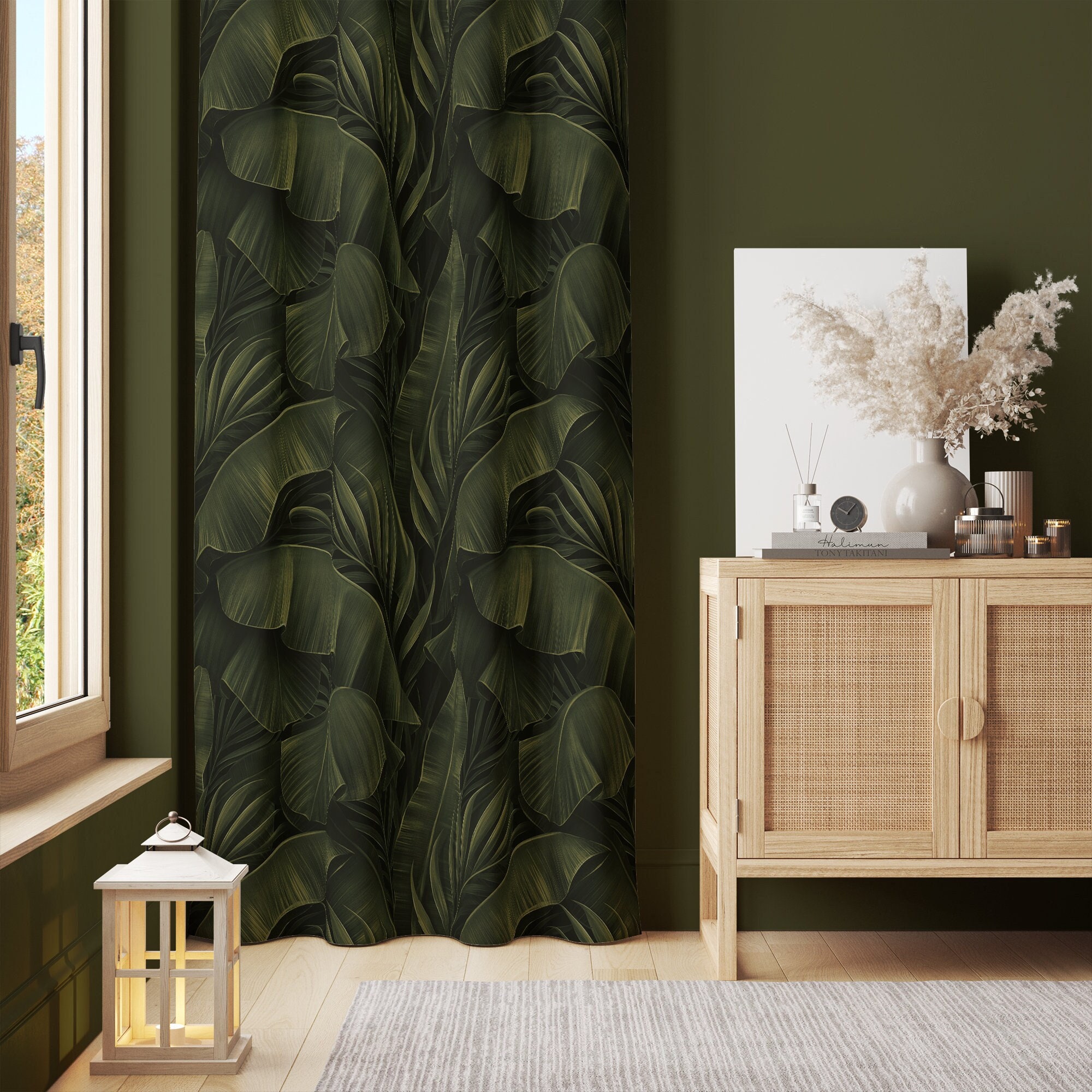 Dark Leaves Nature Window Curtain, Botanical, Cotton, Sheen or Blackout Curtain, Bedroom Curtain, Luxury Window Curtain 57" Width - C1009