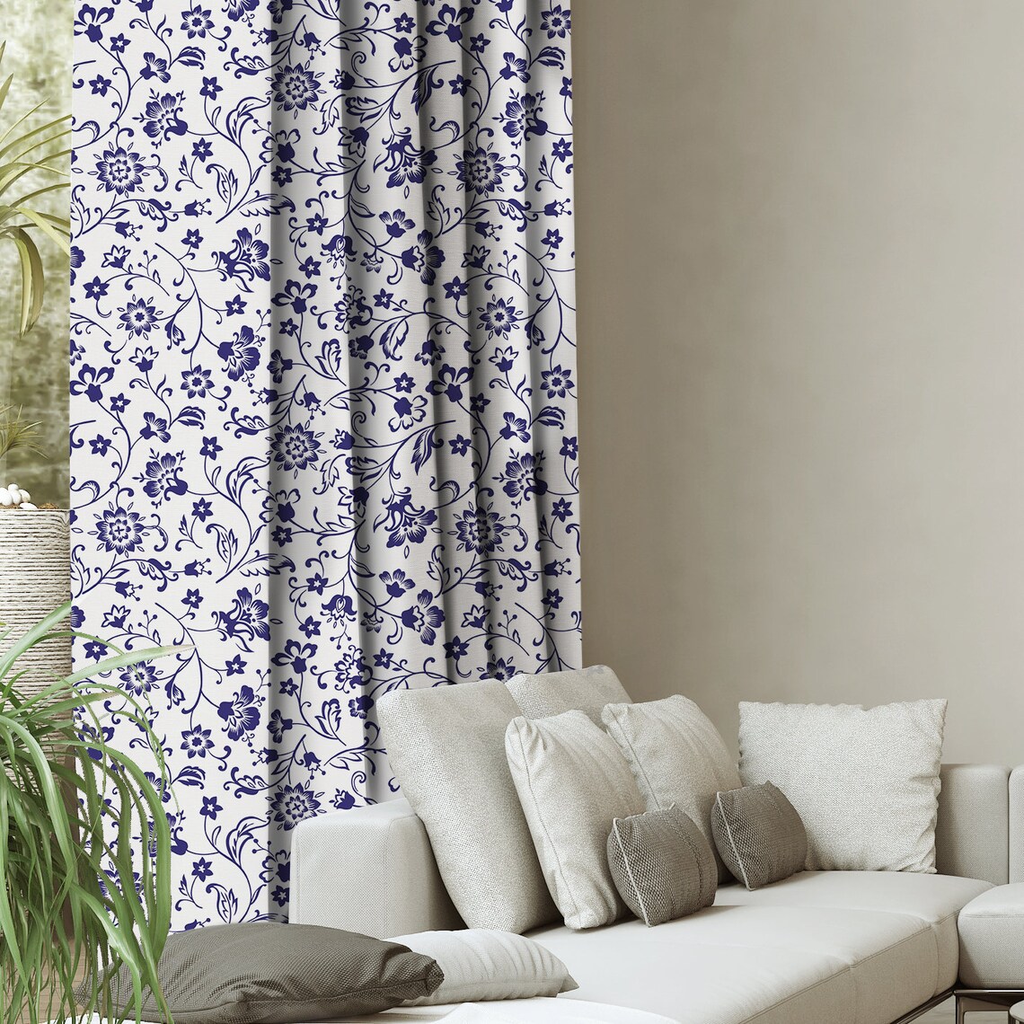 Navy Blue Flowers Window Curtain C354 Floral Curtain Etsy