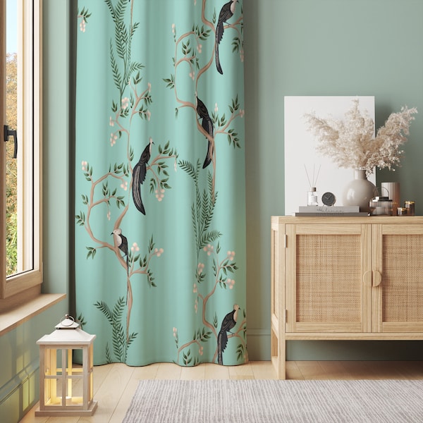 Oiseaux sur une branche, rideaux en coton, rideaux turquoise, décoration de fenêtre, rideaux pour le salon, rideaux oiseaux, rideaux décoratifs CC1036