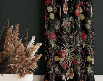 Red flowers on black Window Curtain, Black Curtain, Cotton, Sheen or Blackout Curtain, Room Decor, Luxury Window Curtain 57" Width - C1060
