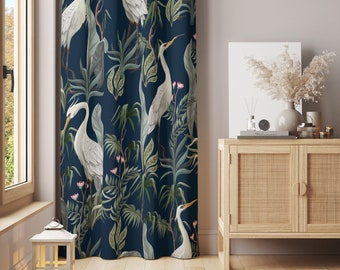 Dark Chinoiserie, Window Curtain, Heron, Cotton, Sheen or Blackout Curtain, Bedroom Curtain, Luxury Window Curtain 57&quot; Width - C1085