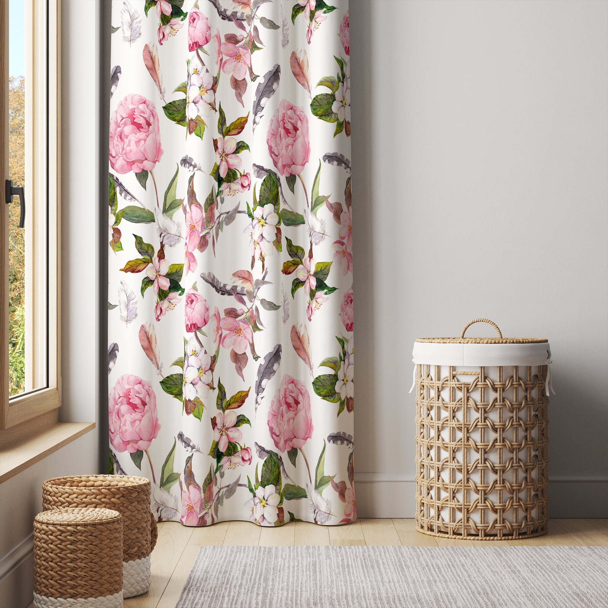Pink Flower, Cotton Window Curtain CC200 Floral Curtain, Decorative Curtains,  Cotton Curtain, Curtain Panels 