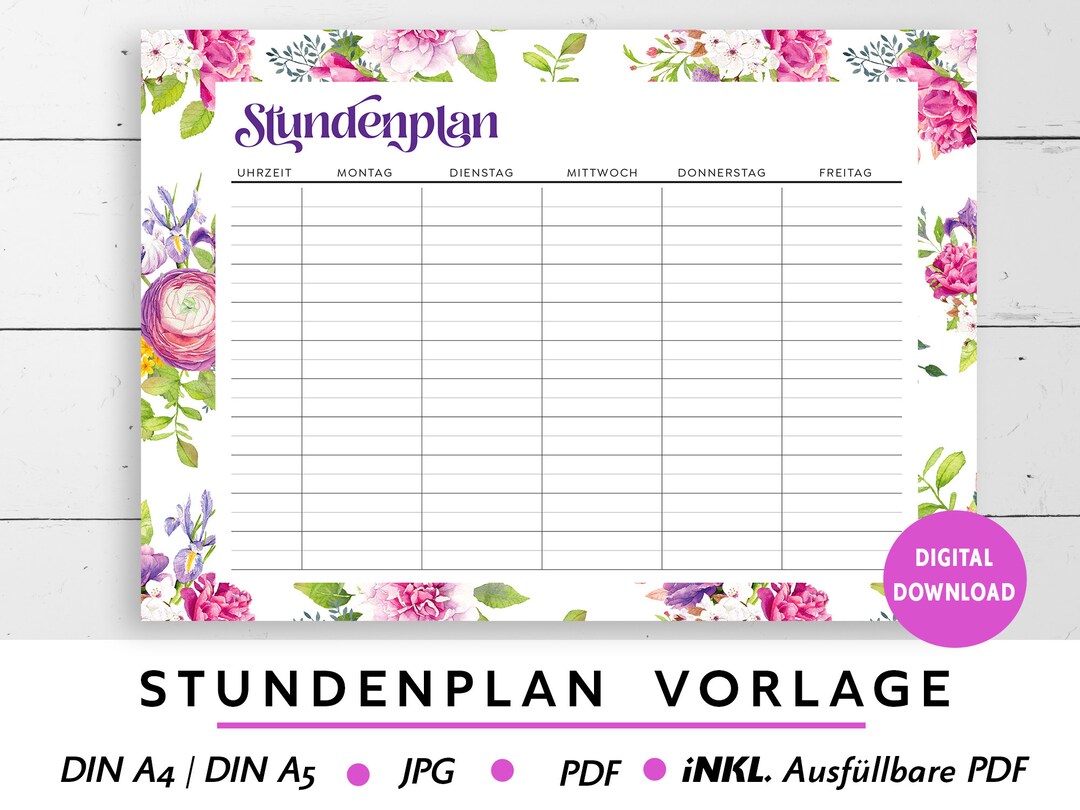 Stundenplan Vorlage zum Ausdrucken &lsquo;Pink Roses&rsquo; - Etsy.de
