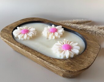 Valentines gift, Pink floral candle, Wood Bowl Candle, Dough Bowl Candle, Valentines day gift, Galentines gift, gift for friend, flower gift