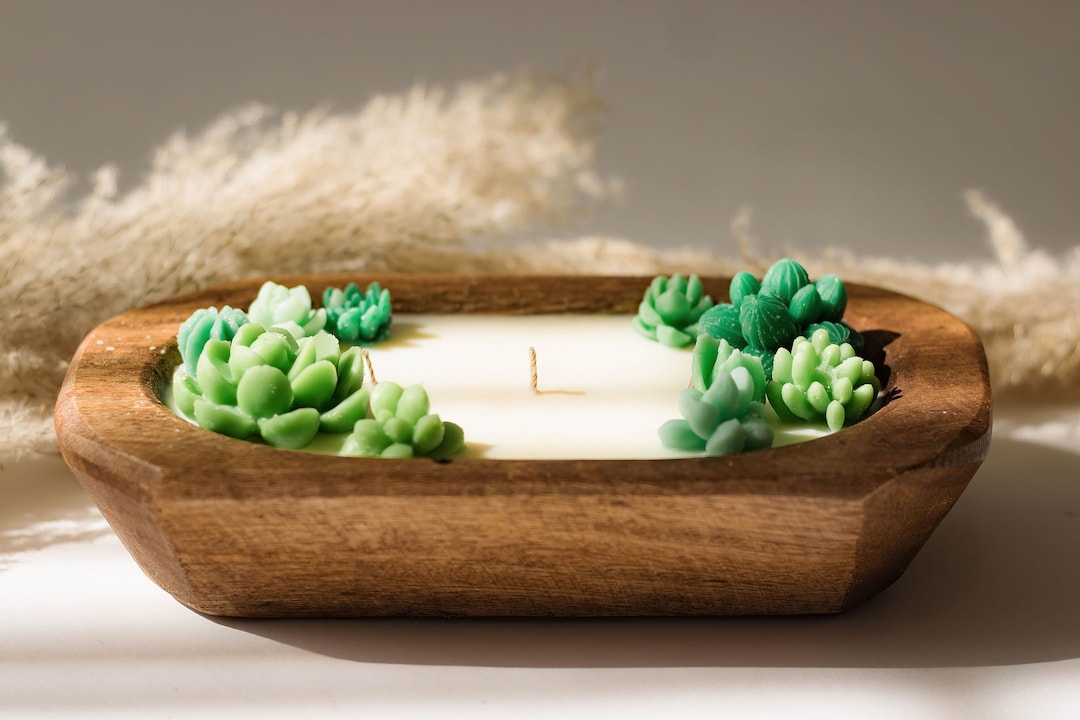 Succulent Candle, Wood Bowl Candle, Dough Bowl Candle, Farmhouse Candle