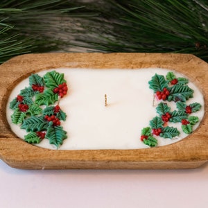 Christmas Candle, Christmas holly Candle,  Wood Bowl Candle, Dough Bowl,  Holiday Candle, Hostest gift, Sweater Weather, Christmas Decor