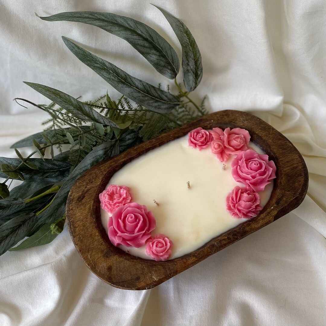 Floral Wood Bowl Candle Wood Bowl Candle Dough Bowl Etsy