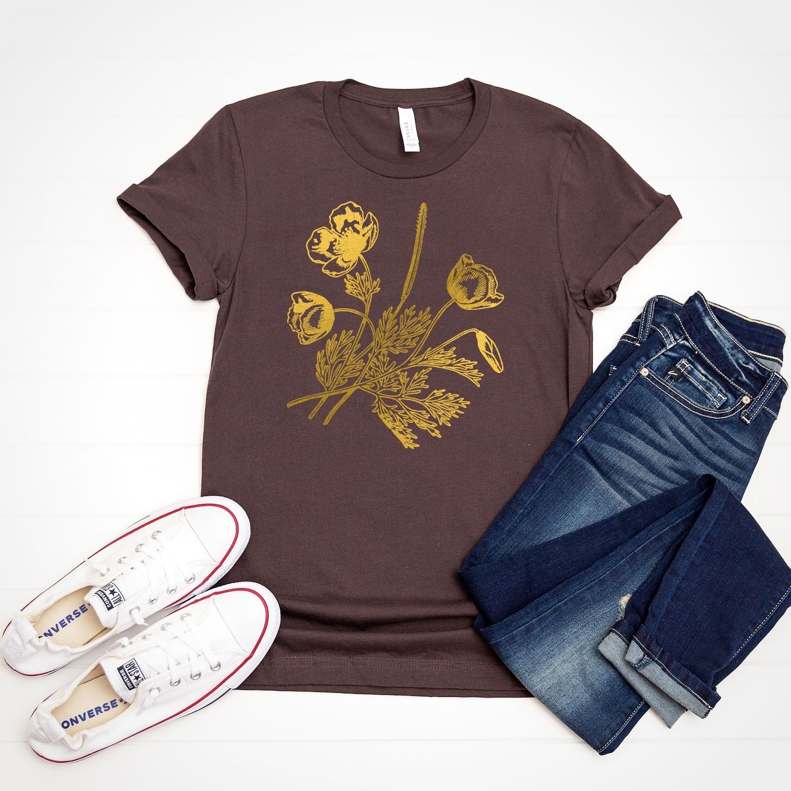 Yellow Flower Graphic Tee, Cute Yellow Flower and Stems Shirt, Boho