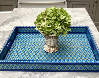 Blue Lotus Eye Tray with handles. Indian block print. Decoupage XL ottoman storage