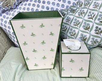 Colefax and Fowler Ashling Green Wastepaper bin & tissuebox cover. Trash can. Personalised gift