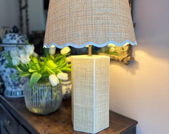 Scalloped Raffia Lampshade with Scalloped Edge and Lamp Base. Rechargeable bulb