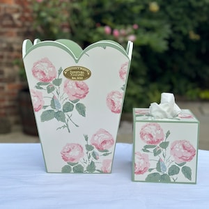 Bowood Roses Pink Leaf Scalloped bin. Handpainted. Shabby Chic Wastepaper basket. Guest room decor, Dressing Room or Nursery interiors
