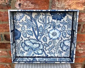 William Morris Pink & Rose Indigo tray. Large Tray. Breakfast Tray. Laptop tray. Ottoman tray. Wooden tray. Blue tray. Christmas present