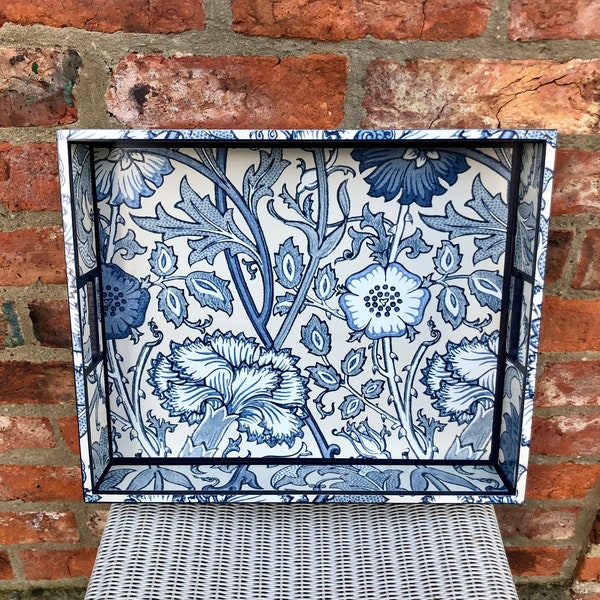 William Morris Pink & Rose Indigo tray. Large Tray. Breakfast Tray. Laptop tray. Ottoman tray. Wooden tray. Blue tray. Christmas present