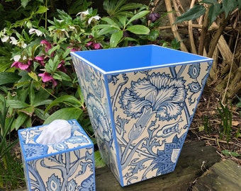 William Morris Pink and Rose Indigo Waste paper bin & tissuebox cover basket, bedroom bin, office bin, bathroom bin