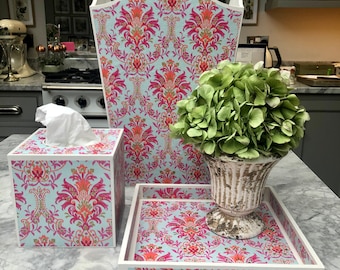 Handpainted with decoupage tissuebox & trinket tray Wastepaper bin Kate Trio Set Handpainted with decoupage tissuebox & trinket tray Wastepaper bin Kate Trio Set