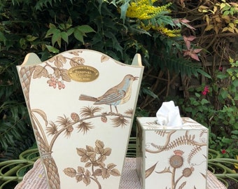 Brunschwig and Fils ‘Bird and Thistle’ Wastepaper bin & tissuebox cover. Trash can. Bedroom decor - can customise