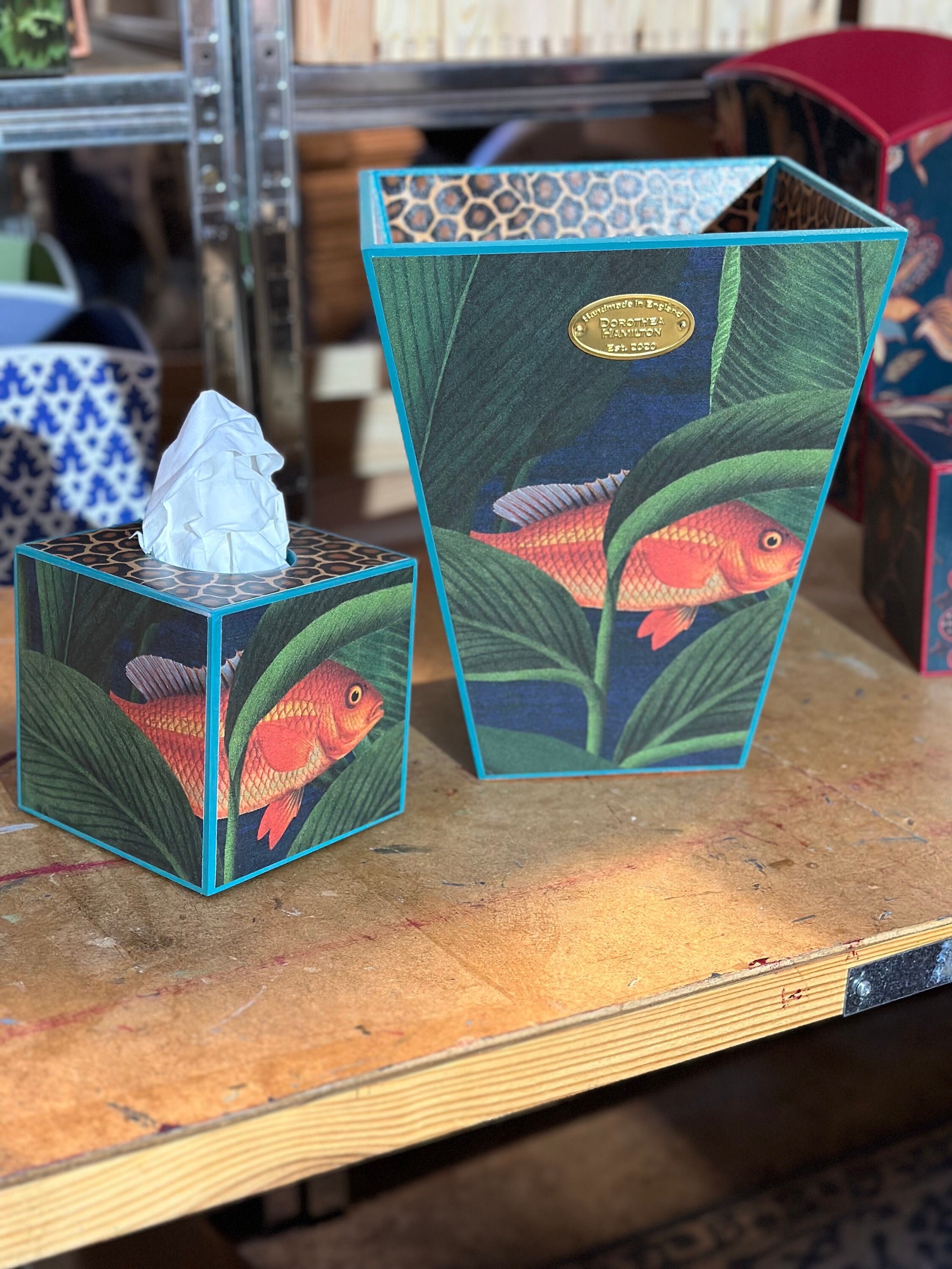 Fish Line Bin Tropical Fish Leopard Lined Waste Paper Bin & Tissuebox Cover Basket ...