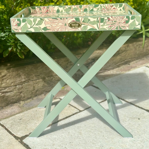 Honeysuckle tray table butlers tray. Personalise - any Print on this tray. Sage wood folding tray on legs, side table,  bedside table