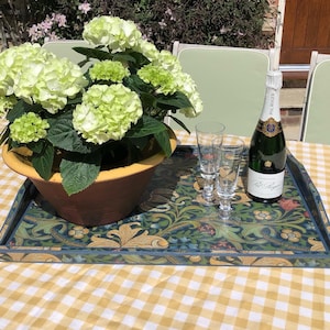 May include: A decorative serving tray with a floral design, holding a potted hydrangea plant, champagne bottle, and two champagne flutes. The tray is on a yellow and white checkered tablecloth, with green chairs in the background.