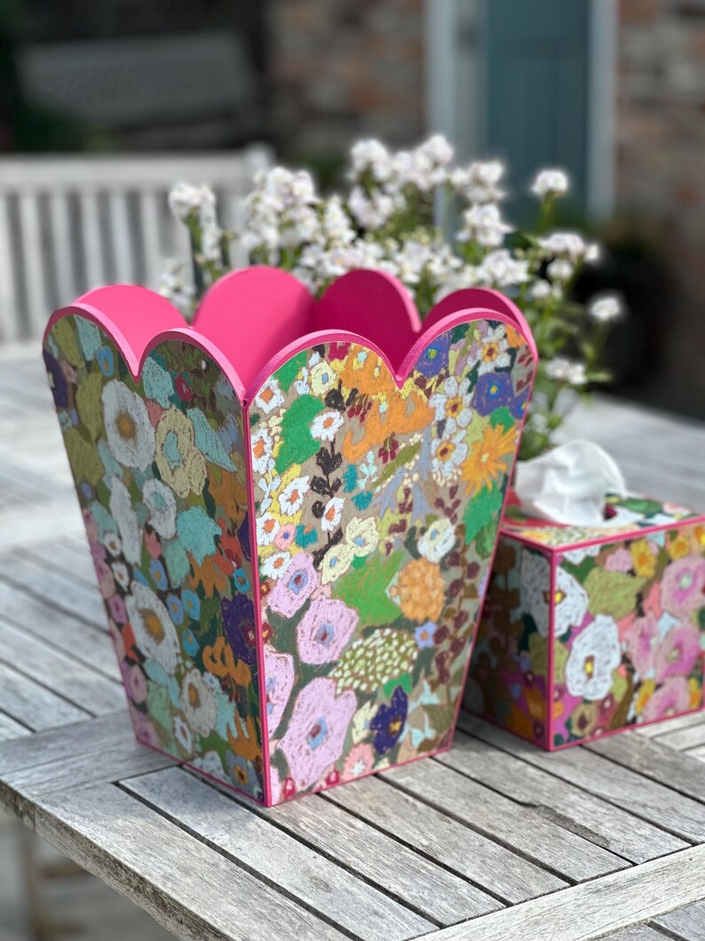 DorotheaHamilton Hollyhock Print Scalloped Wastebasket - Thumbnail 3