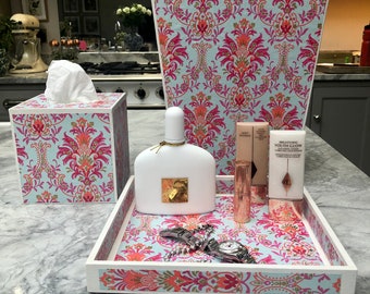 Handpainted with decoupage tissuebox & trinket tray Wastepaper bin Kate Trio Set Handpainted with decoupage tissuebox & trinket tray Wastepaper bin Kate Trio Set