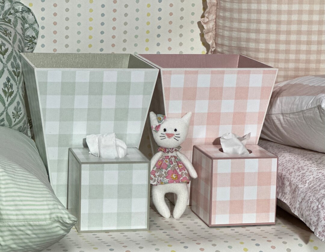 Nursery Bin, Childrens Trash, Buffalo Check, Gingham, Plaid Waste Paper