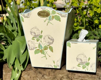 Bowood Roses ‘Colefax and Fowler’ Wastepaper bin & tissuebox cover. Trash can. Bedroom decor - can customise