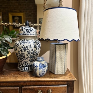 Wave lamp in Chelsea Textiles Cupid Antique Blue. Handmade to order in England