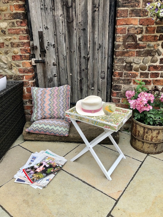 Tray Table. Butlers Tray. William Morris White Wood Folding Tray on Legs,  Side Table, Large Wooden Tray, Decoupage, Tray With Handle 