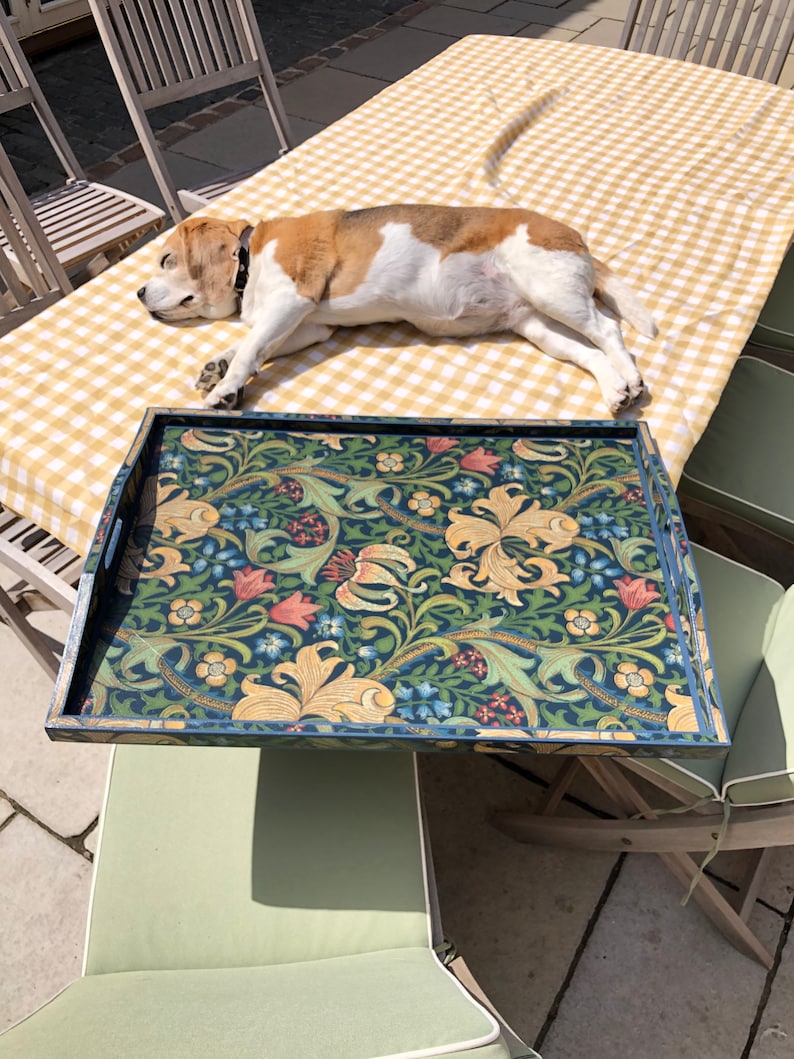 May include: A rectangular serving tray with a floral design in shades of blue, green, and gold. The tray has a dark blue border and handles. A dog is lying on a yellow and white checkered tablecloth.