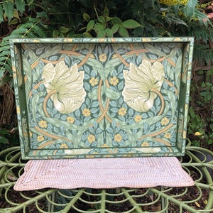 Green Wooden tray William Morris Pimpernel Privet & Slate Tray. Large Tray. Handmade. XL ottoman tray.