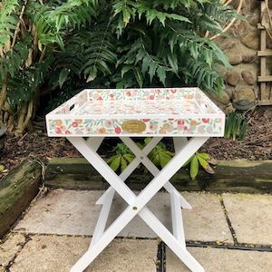 Tray table Liberty London Wiltshire Berry. white wood folding legs, side table, large wooden tray, decoupage, tray with handles bedside