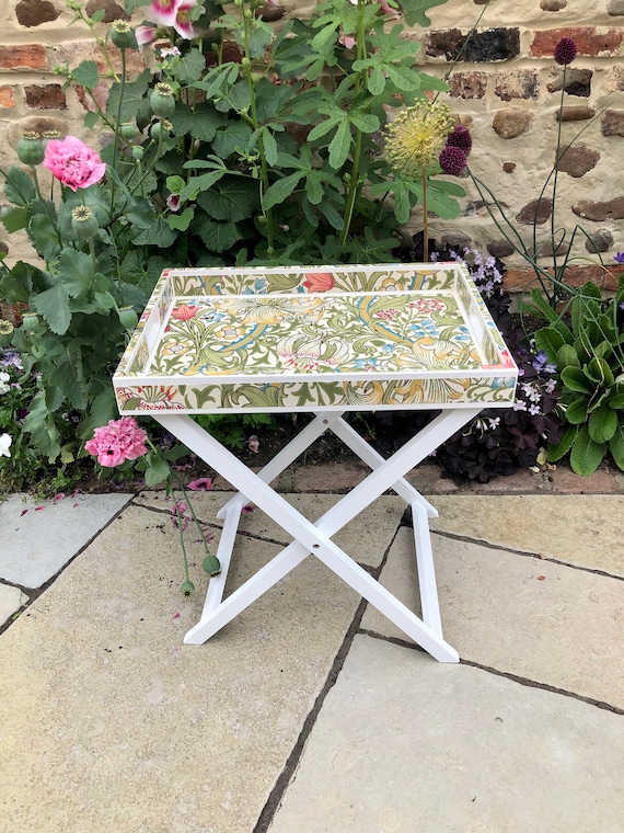 Tray Table. Butlers Tray. William Morris White Wood Folding Tray on Legs,  Side Table, Large Wooden Tray, Decoupage, Tray With Handle 