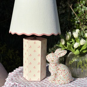 Scalloped lampshade and lamp base in Colefax & Fowler Sudbury Park Pink. Handmade to order in England.