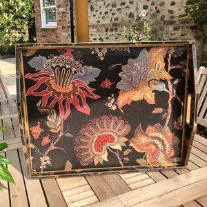 Vintage serving platter Botanical Print Tray with handles. Breakfast tray. Decoupage. Coffee table tray. Serving tray. Gold tray.