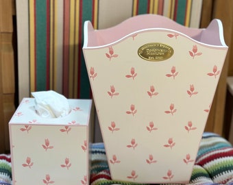 Colefax and Fowler Pink Sudbury Park Waste paper bin & tissuebox cover basket, bedroom bin, office bin, bathroom bin
