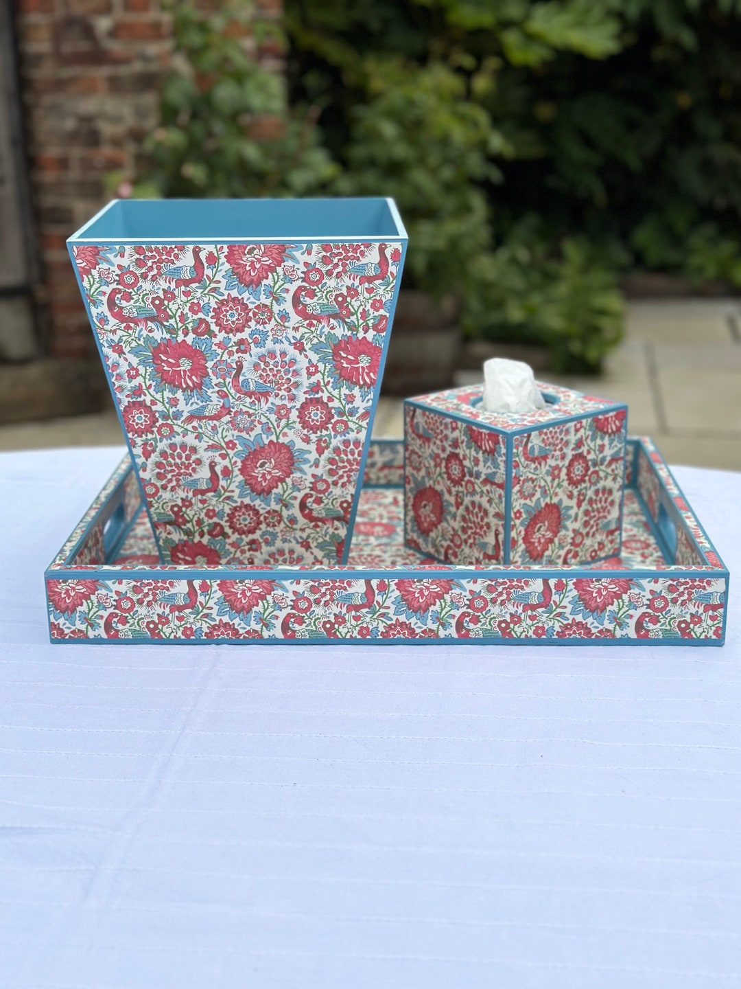 Floral Peacock Garden Waste Paper Bin & Tissuebox Cover Basket, Bedroom