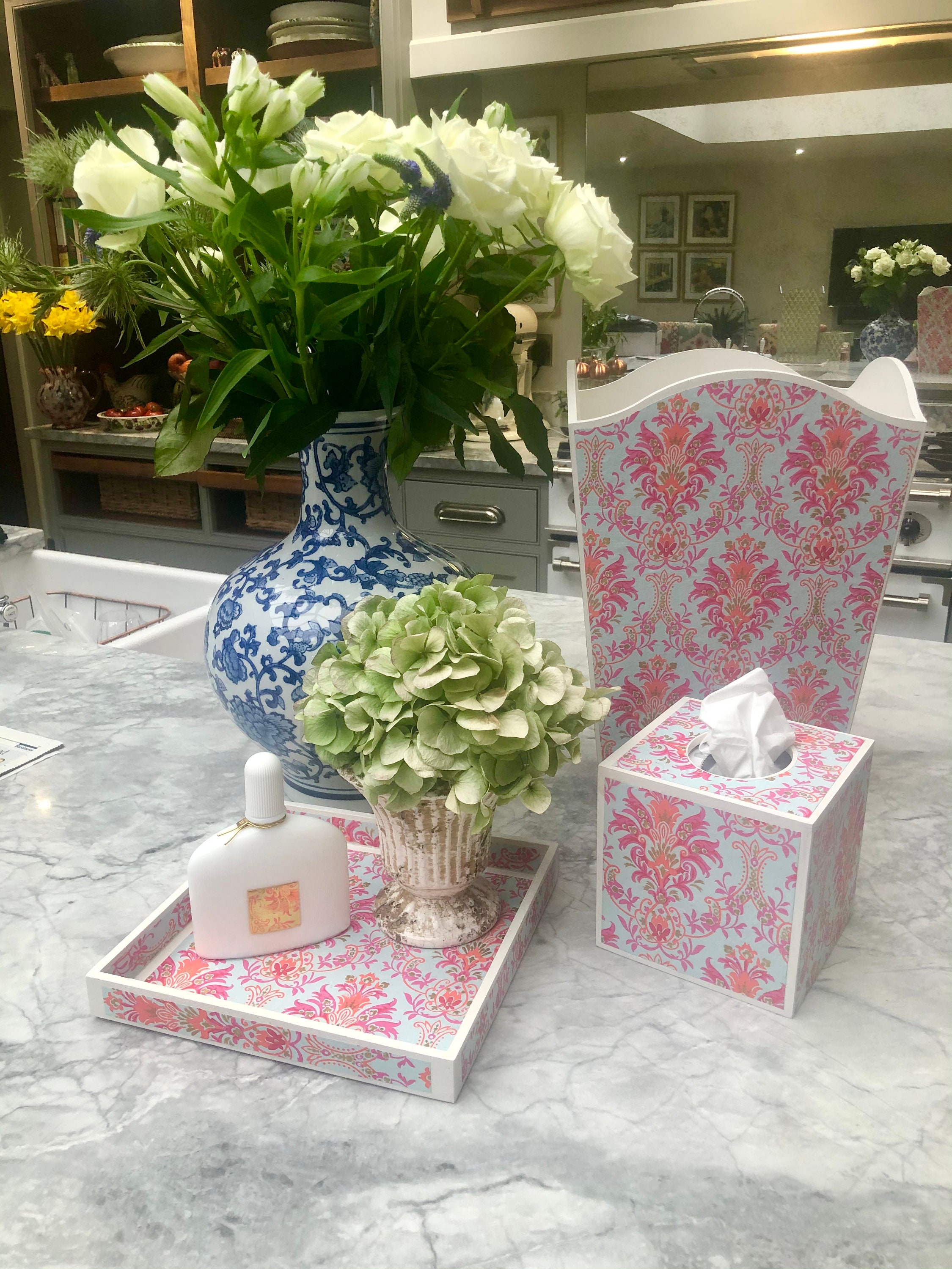 Handpainted with decoupage tissuebox & trinket tray Wastepaper bin Kate Trio Set Handpainted with decoupage tissuebox & trinket tray Wastepaper bin Kate Trio Set