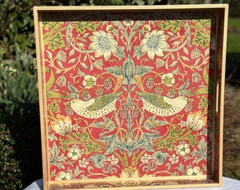 table decor centerpiece> Square tray. 50cm x 50cm William Morris Strawberry Thief on Gold Tray. xl Tray. Ottoman tray. ANY PRINT AVAILABLE