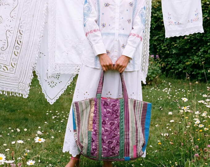 Purple | Vintage Kantha Tote Bag | Boho Patchwork Quilted Cotton Shopper