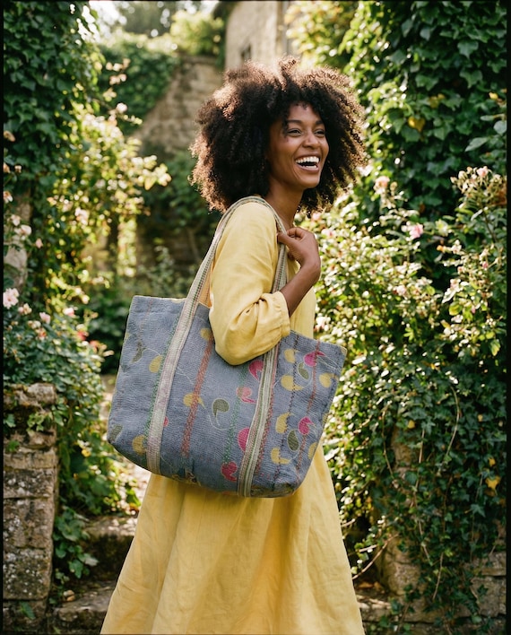 Blue Indigo | Vintage Kantha Tote Bag | Boho Patchwork Quilted Cotton Shopper