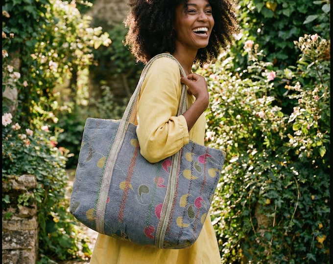 Blue Indigo | Vintage Kantha Tote Bag | Boho Patchwork Quilted Cotton Shopper