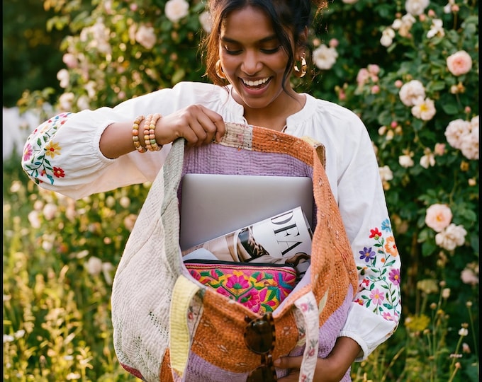 Vintage Kantha Tote Bag | Recycled Sari Quilted Artisan Bag