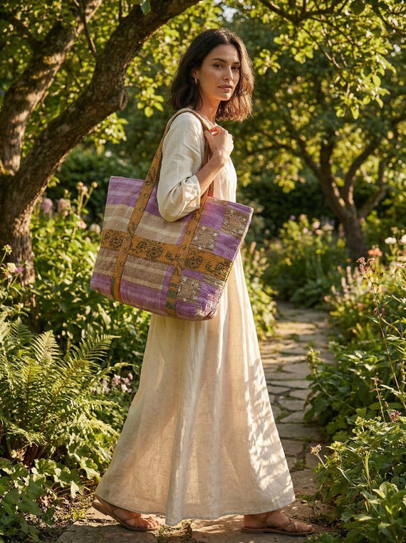 Bohemian Kantha Bag, Vintage Indian Quilt Tote Bag, Upcycled Shoulder Carryall