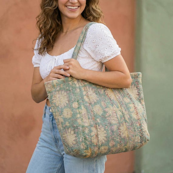 Vintage Kantha Tote Bag | Recycled Sari Quilted Artisan Bag