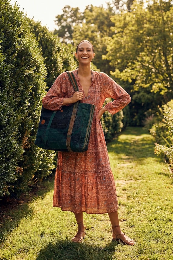 Navy Blue Indigo | Vintage Kantha Tote Bag | Boho Patchwork Quilted Cotton Shopper