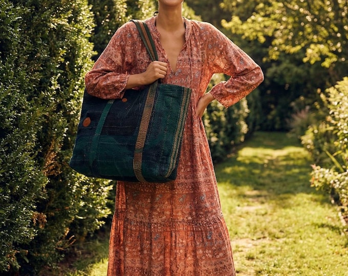 Navy Blue Indigo | Vintage Kantha Tote Bag | Boho Patchwork Quilted Cotton Shopper