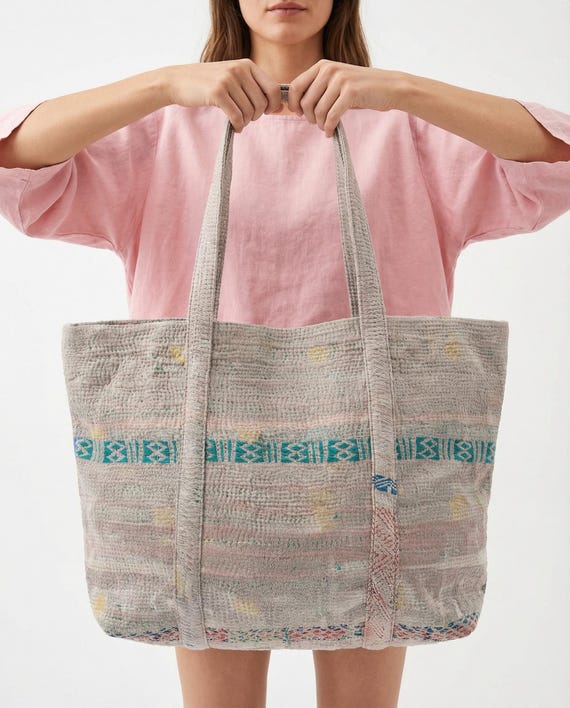 Tote Bag | Vintage Kantha | Handmade | Boho Patchwork Quilted Cotton Shopper