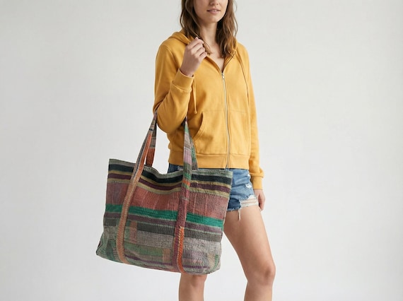 Boho Striped Kantha Bag, Vintage Indian Quilt Beach Bag, Upcycled Shoulder Tote